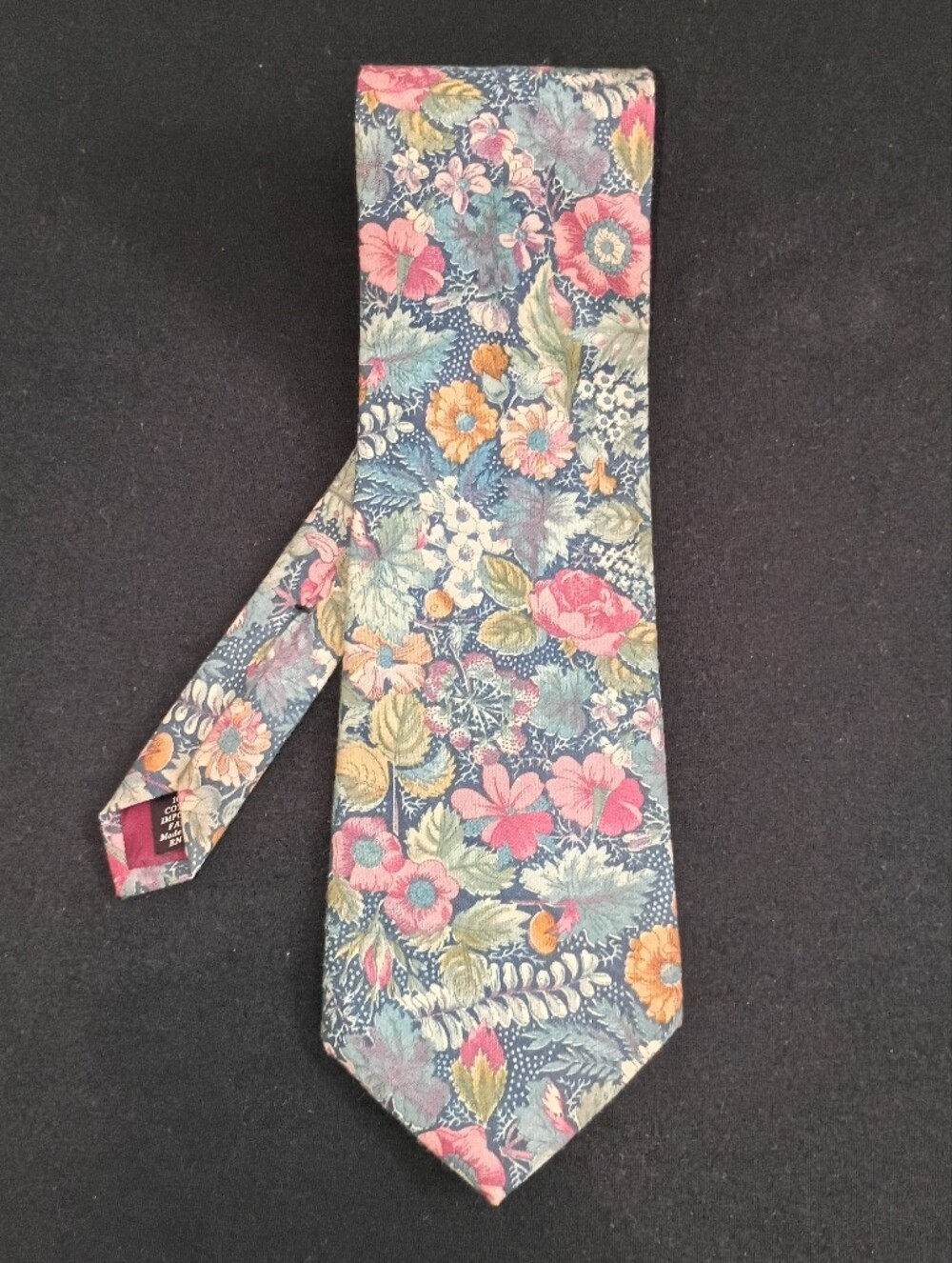 Tango By Mark Raab Floral Printed Necktie in Navy with Multicolor Blooms
